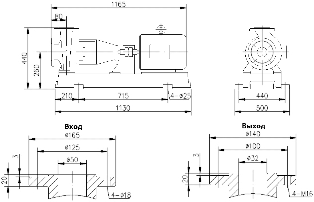Габаритный чертеж насоса IHF 50-32-200/2-FEP/C-110