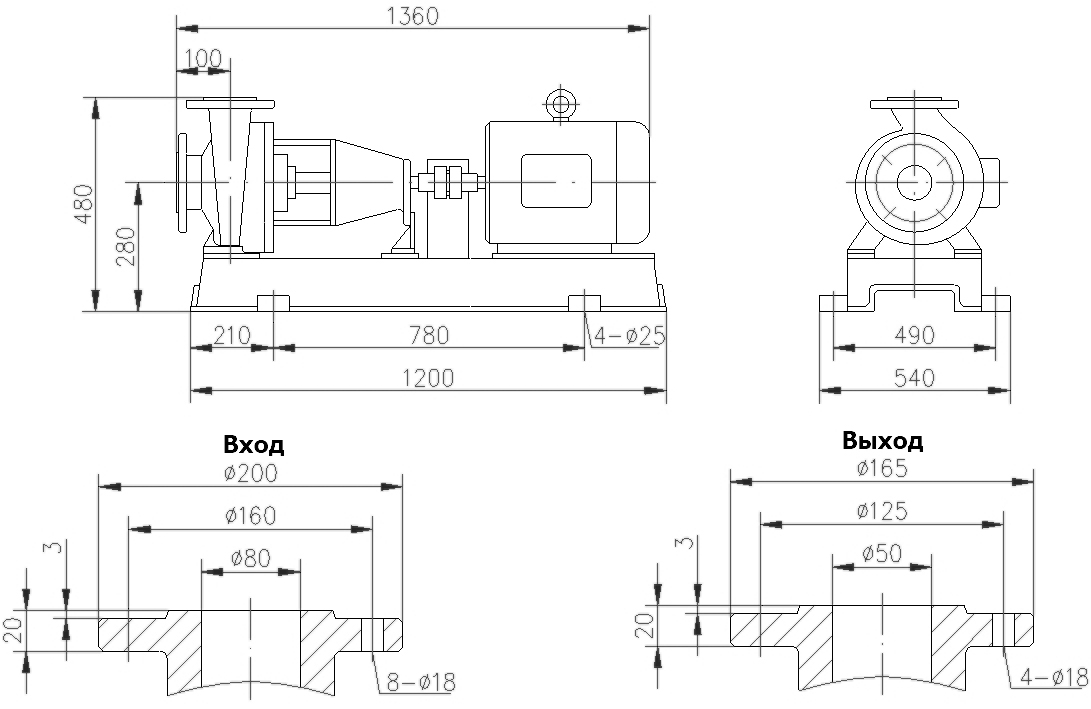 Габаритный чертеж насоса IHF 80-50-200/2-FEP/C-300