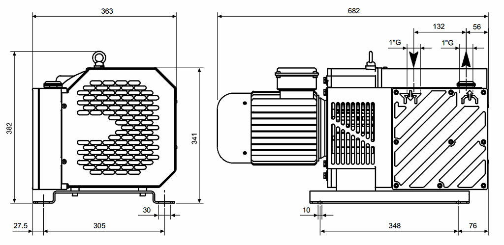 Габаритный чертеж безмасляного вакуумного насоса Pneumofore UVD60