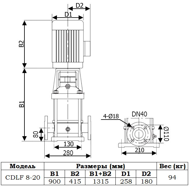 Габаритный чертеж модели Zenova CDLF 8-20