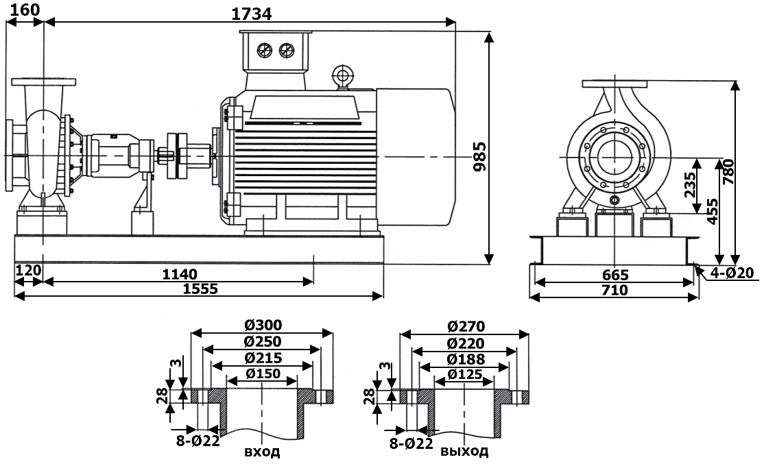 Габаритный чертеж модели LQRY 150-125-270/2-C