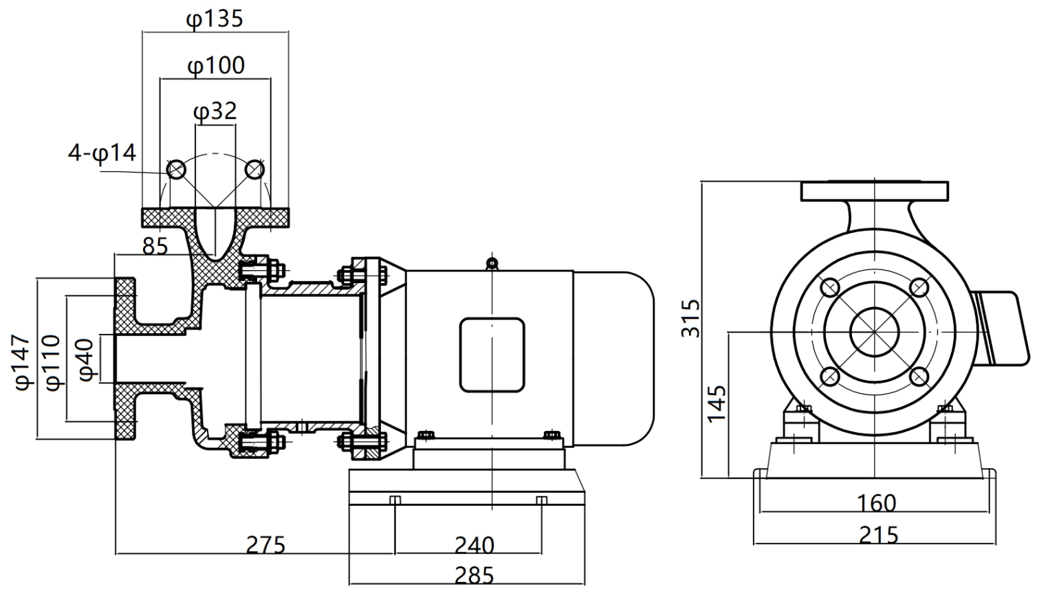 Габаритный чертеж насоса ZY Technology S40x32-32