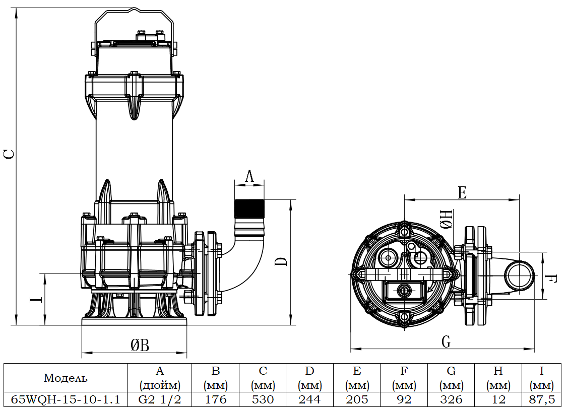 Габаритный чертеж модели 65WQH-15-10-1.1_220