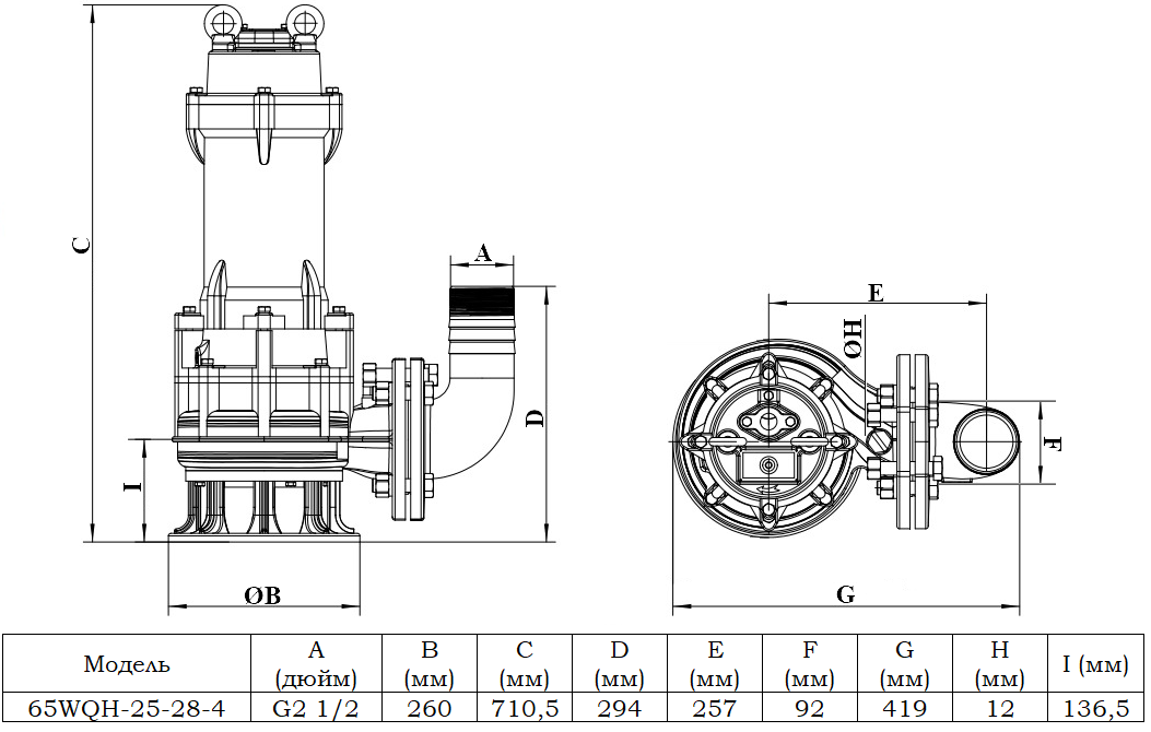 Габаритный чертеж модели 65WQH-25-28-4