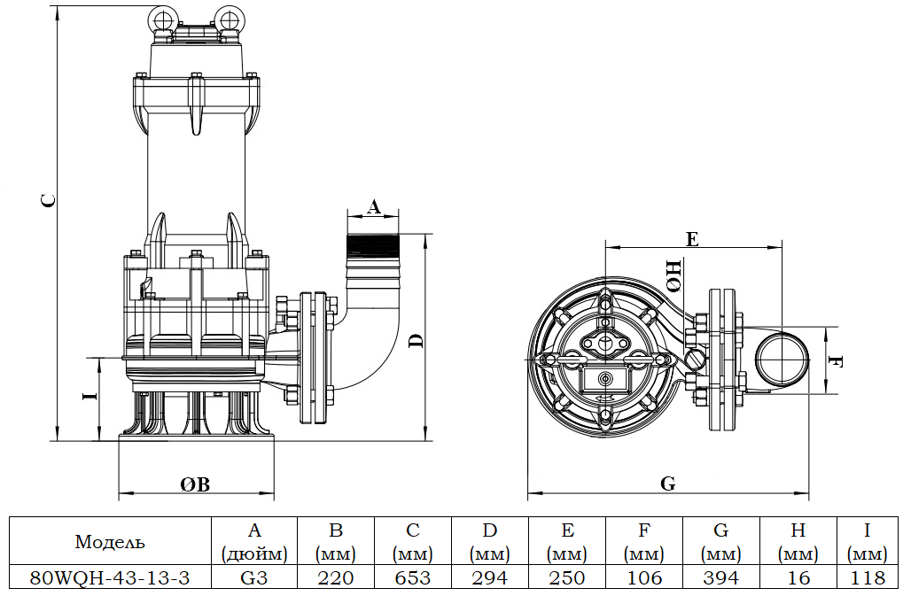 Габаритный чертеж модели 80WQH-43-13-3