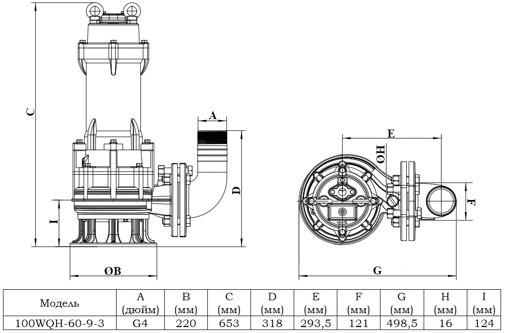 Габаритный чертеж модели 100WQH-60-9-3