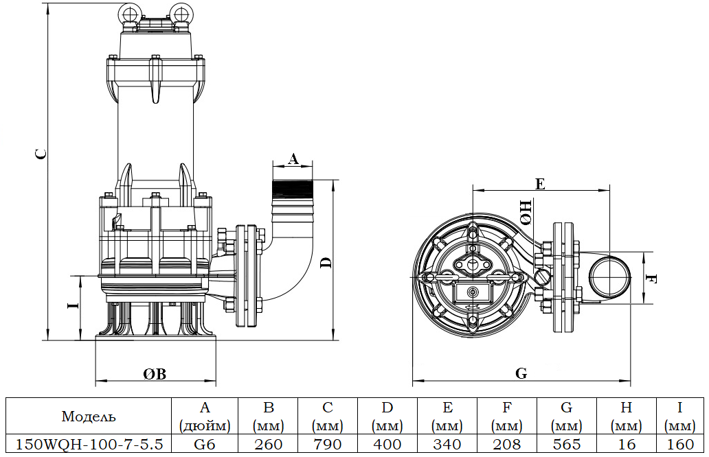 Габаритный чертеж модели 150WQH-100-7-5.5