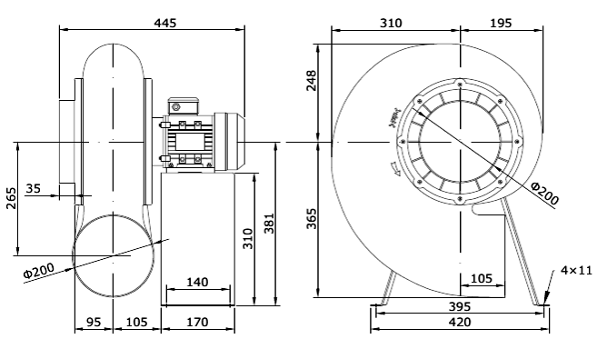 Габаритный чертеж модели MAC-F200-F4T