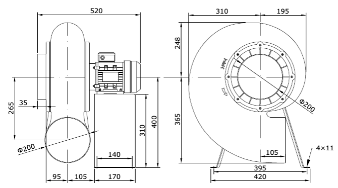 Габаритный чертеж модели MAC-F200-F2T