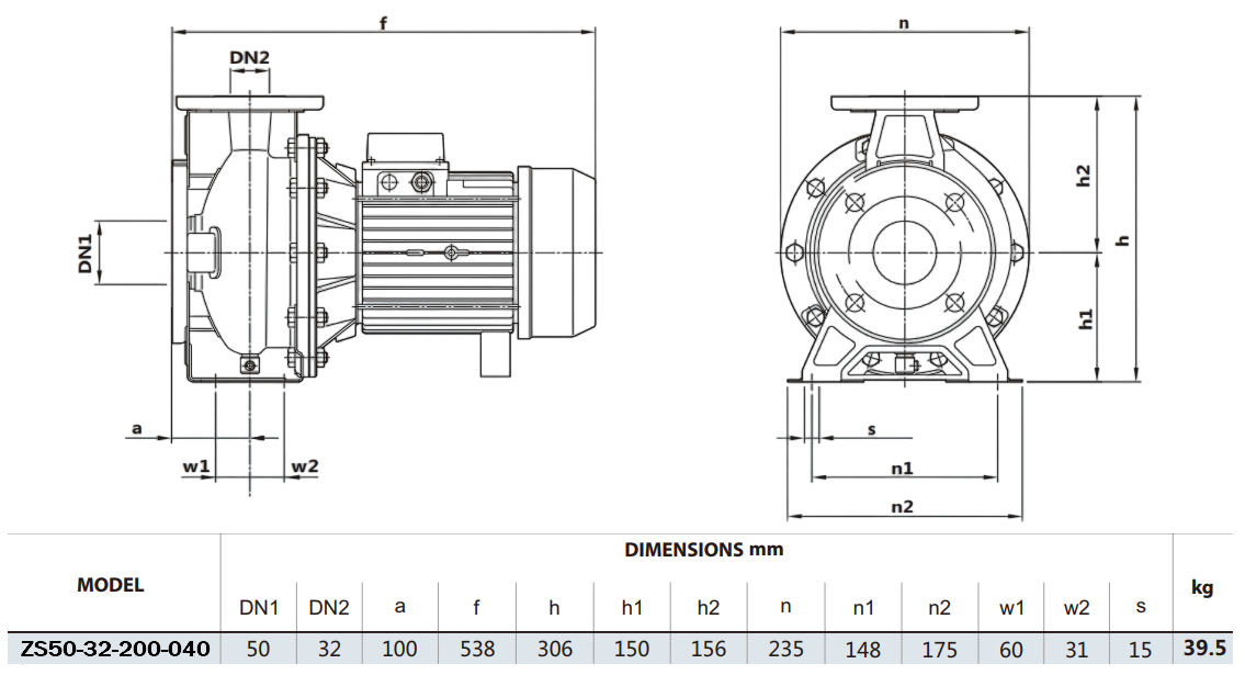 Габаритный чертеж модели Zenova ZS50-32-200-040