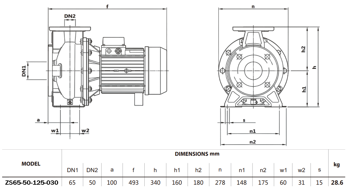 Габаритный чертеж модели Zenova ZS65-50-125-030
