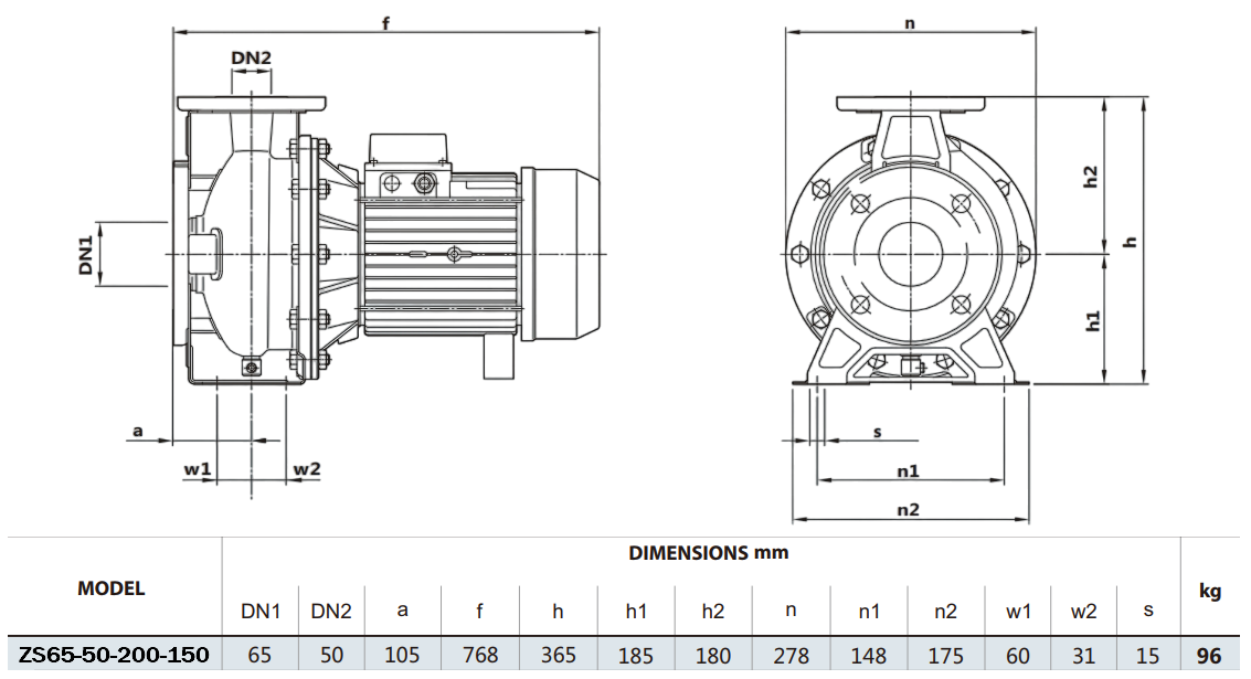 Габаритный чертеж модели Zenova ZS65-50-200-150