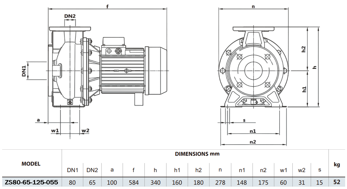 Габаритный чертеж модели Zenova ZS80-65-125-055