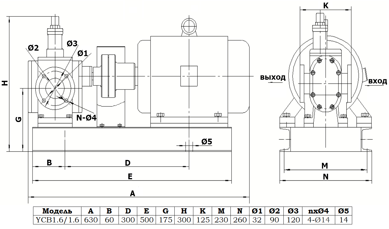 Габаритный чертеж насоса YCB1.6/1.6