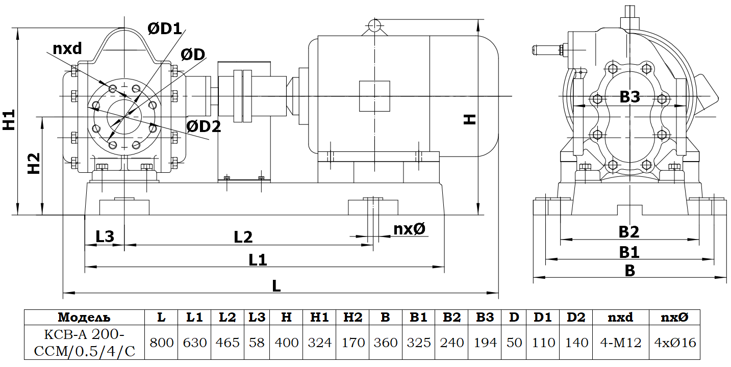 Габаритный чертеж насоса KCB-A 200-CCM/0.55/4/C