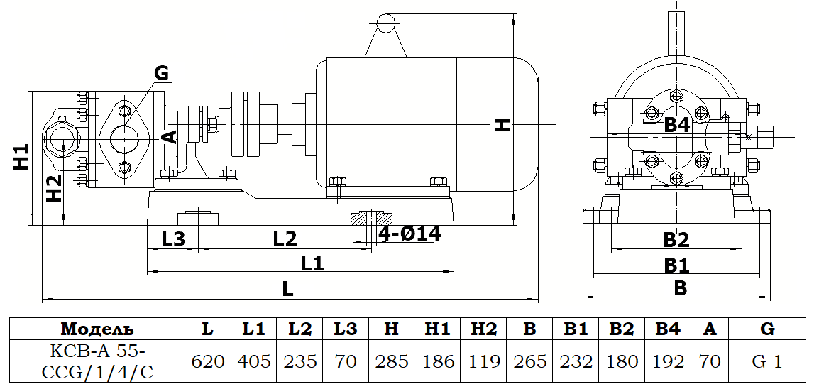 Габаритный чертеж насоса KCB-A 55-CCG/1/4/C