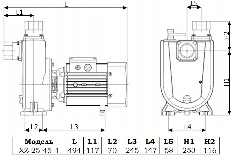 Габаритный чертеж модели Zenova XZ 25-45-4