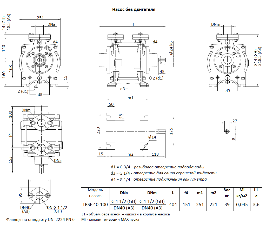 Габаритный чертеж вакуумного насоса Pompetravaini TRSE 40-100* F