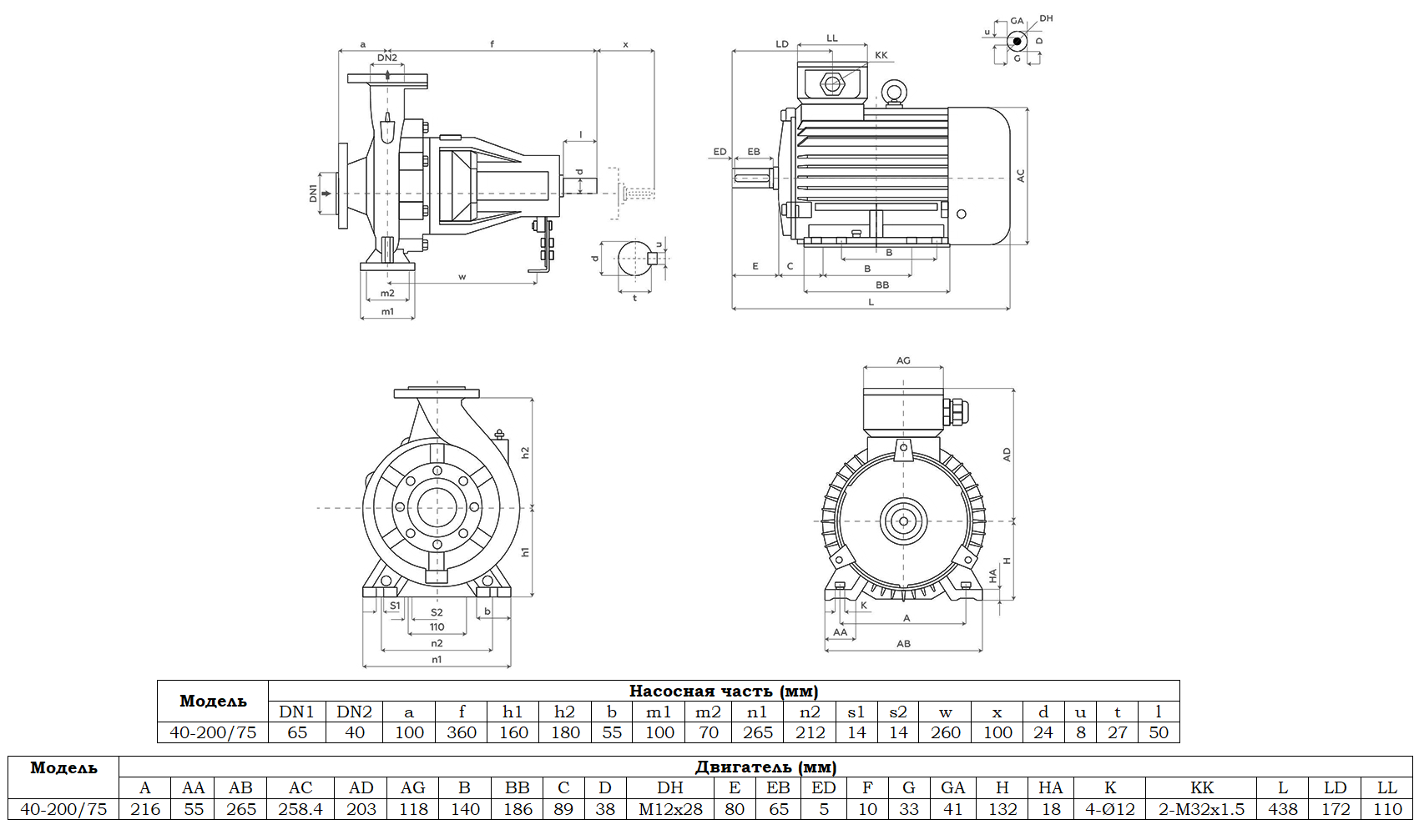 Габаритный чертеж модели Zenova SENSA 40-200/75