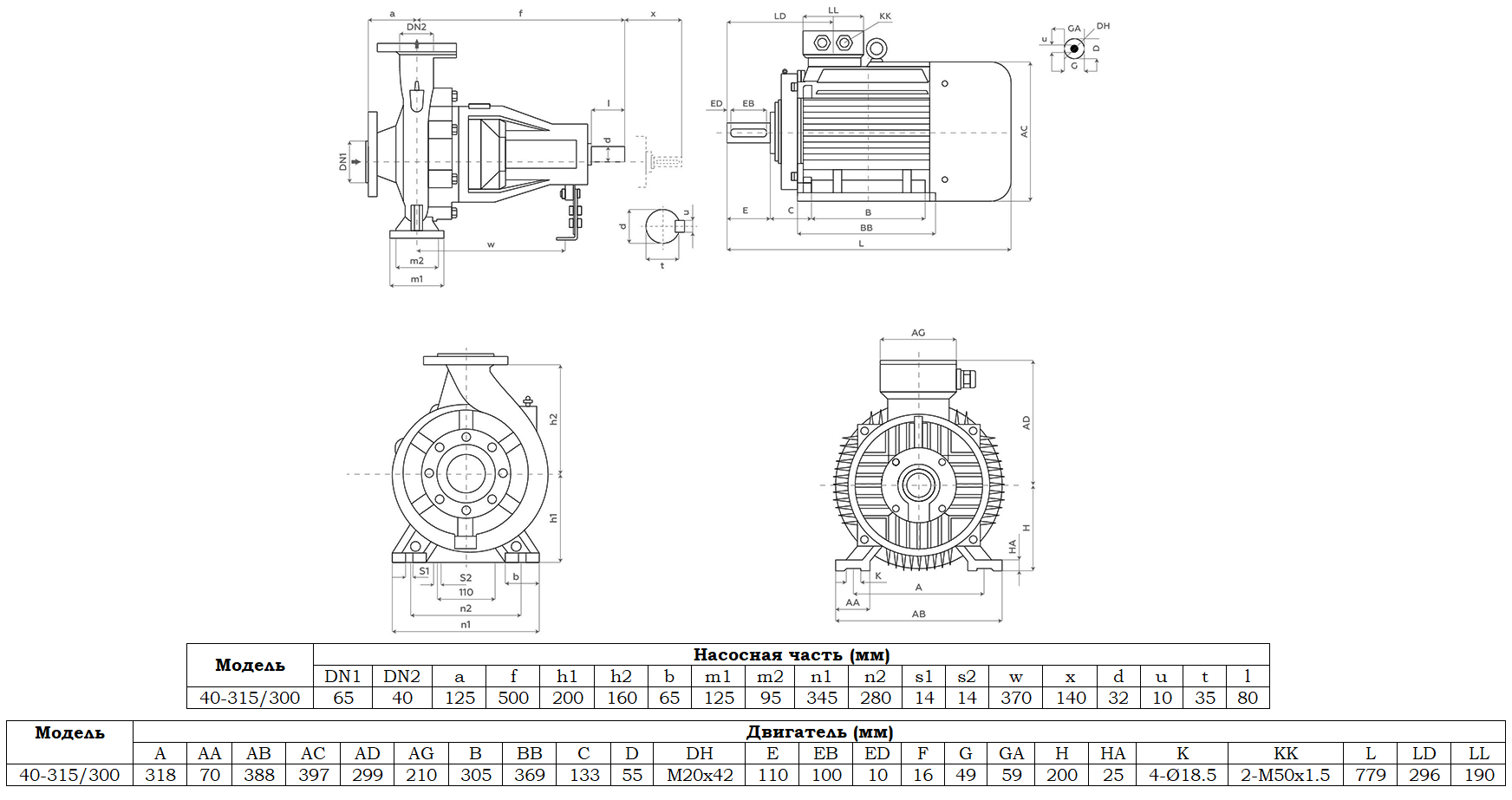 Габаритный чертеж модели Zenova SENSA 40-315/300