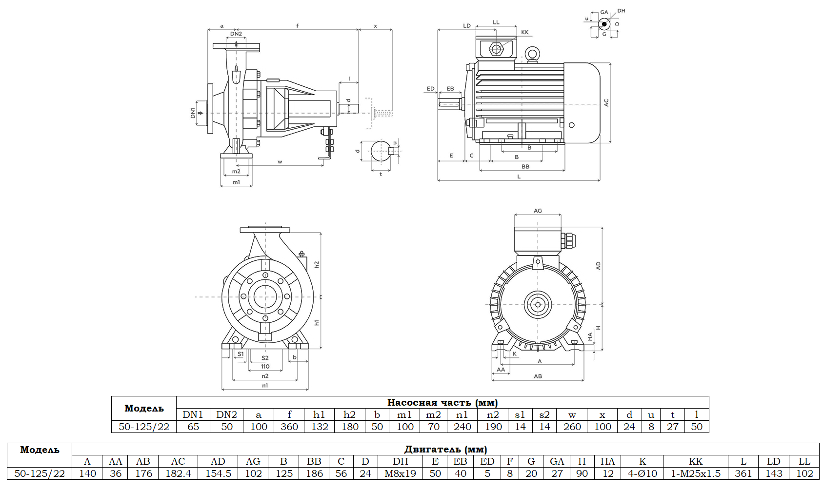 Габаритный чертеж модели Zenova SENSA 50-125/22