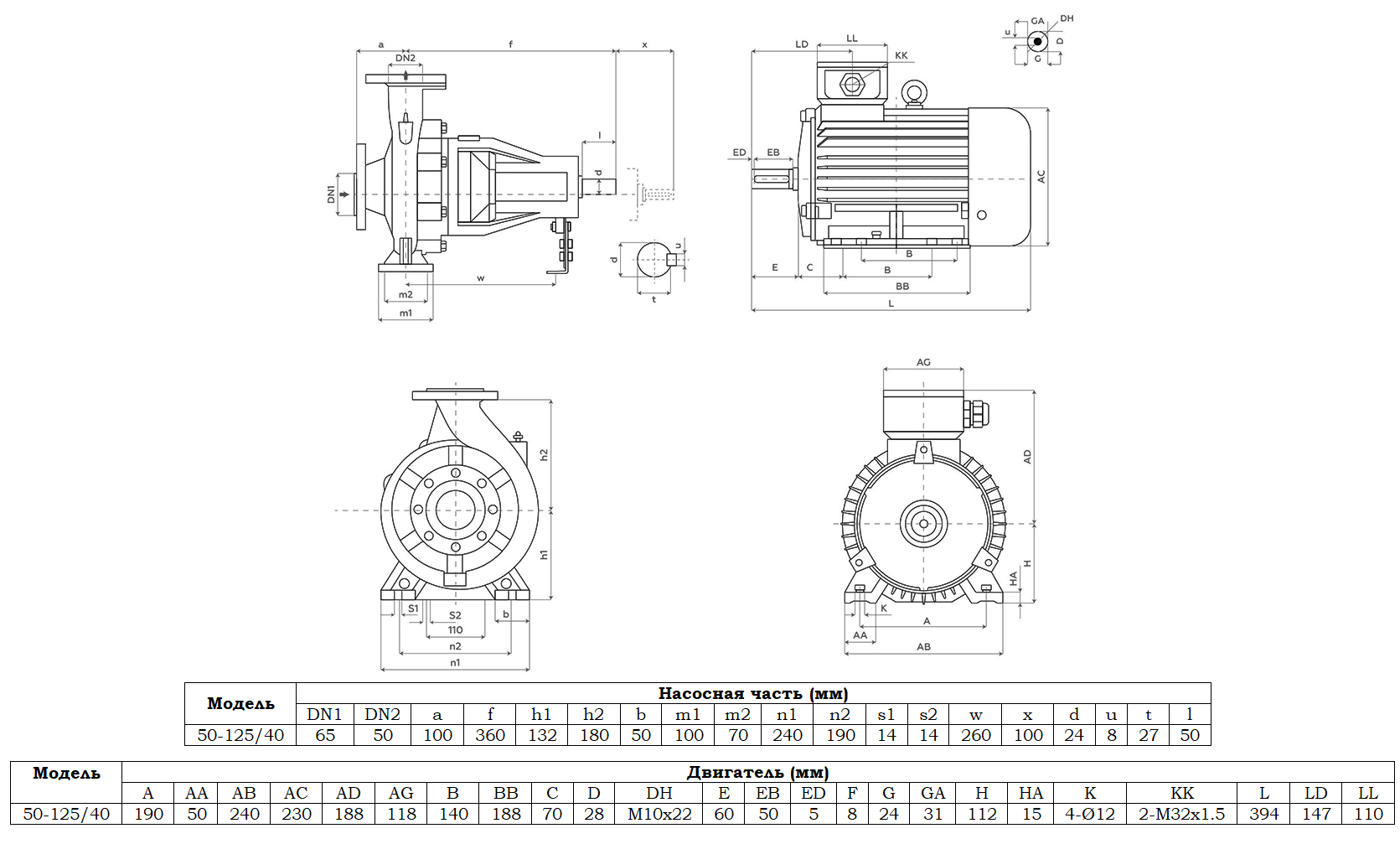 Габаритный чертеж модели Zenova SENSA 50-125/40