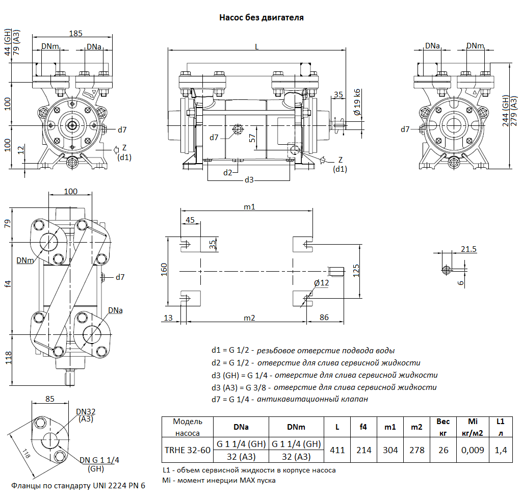 Габаритный чертеж вакуумного насоса Pompetravaini TRHE 32-60 RX