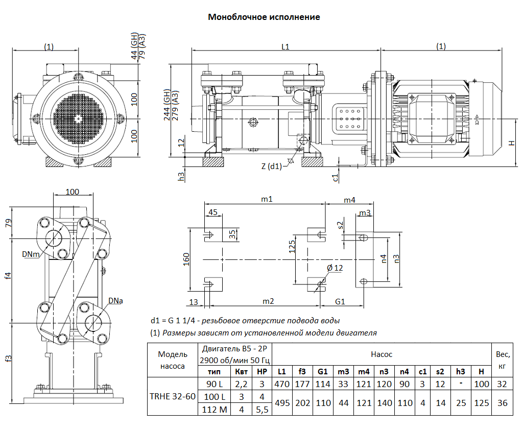 Габаритный чертеж вакуумного насоса Pompetravaini TRHE 32-60 RX