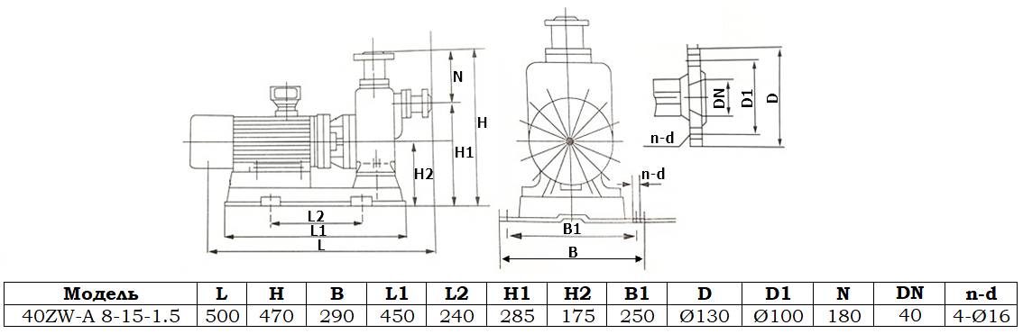 Габаритный чертеж насоса 40ZW-A 8-15-1.5