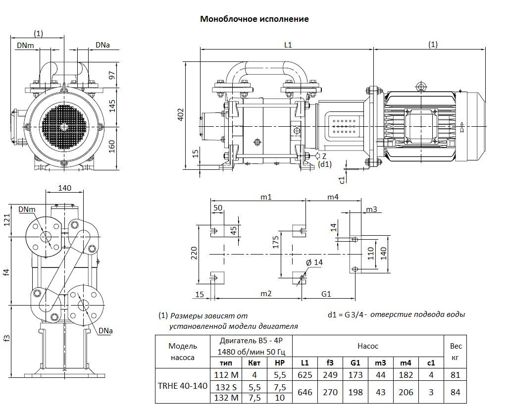 Габаритный чертеж вакуумного насоса Pompetravaini TRHE 40-140 F