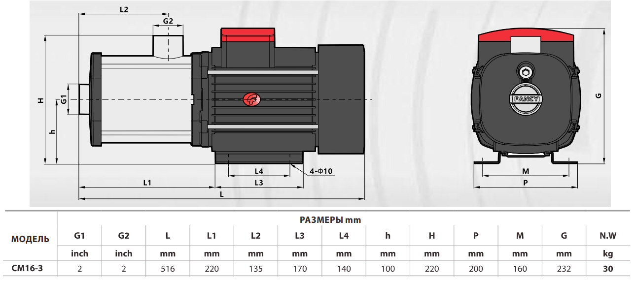 Габаритный чертеж насоса Fancy CM 16-3