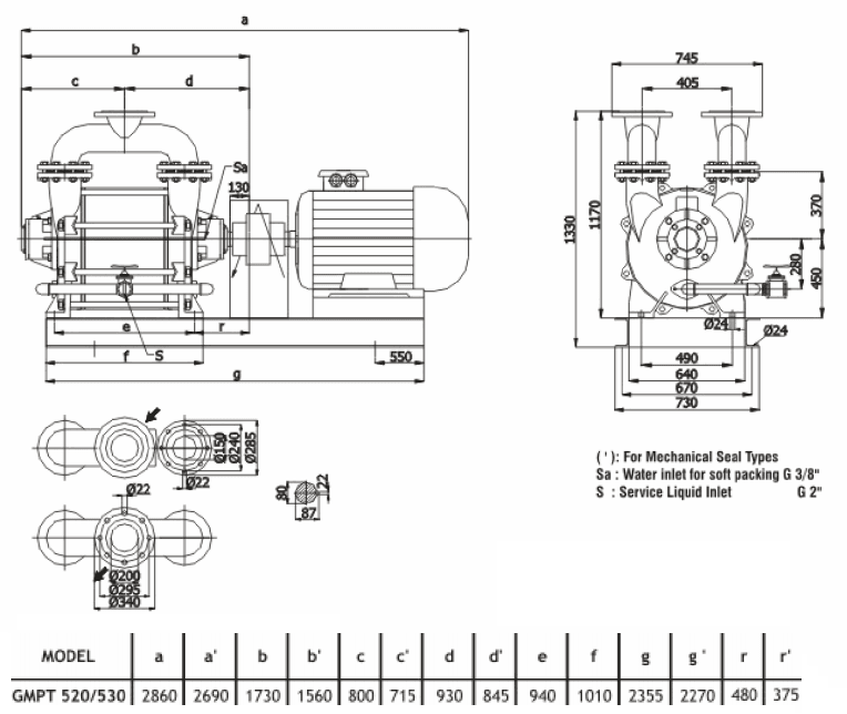 Габаритный чертеж насоса Ангара GMPT 520/530