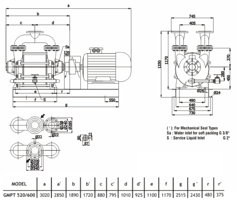 Габаритный чертеж насоса Ангара GMPT 520/600