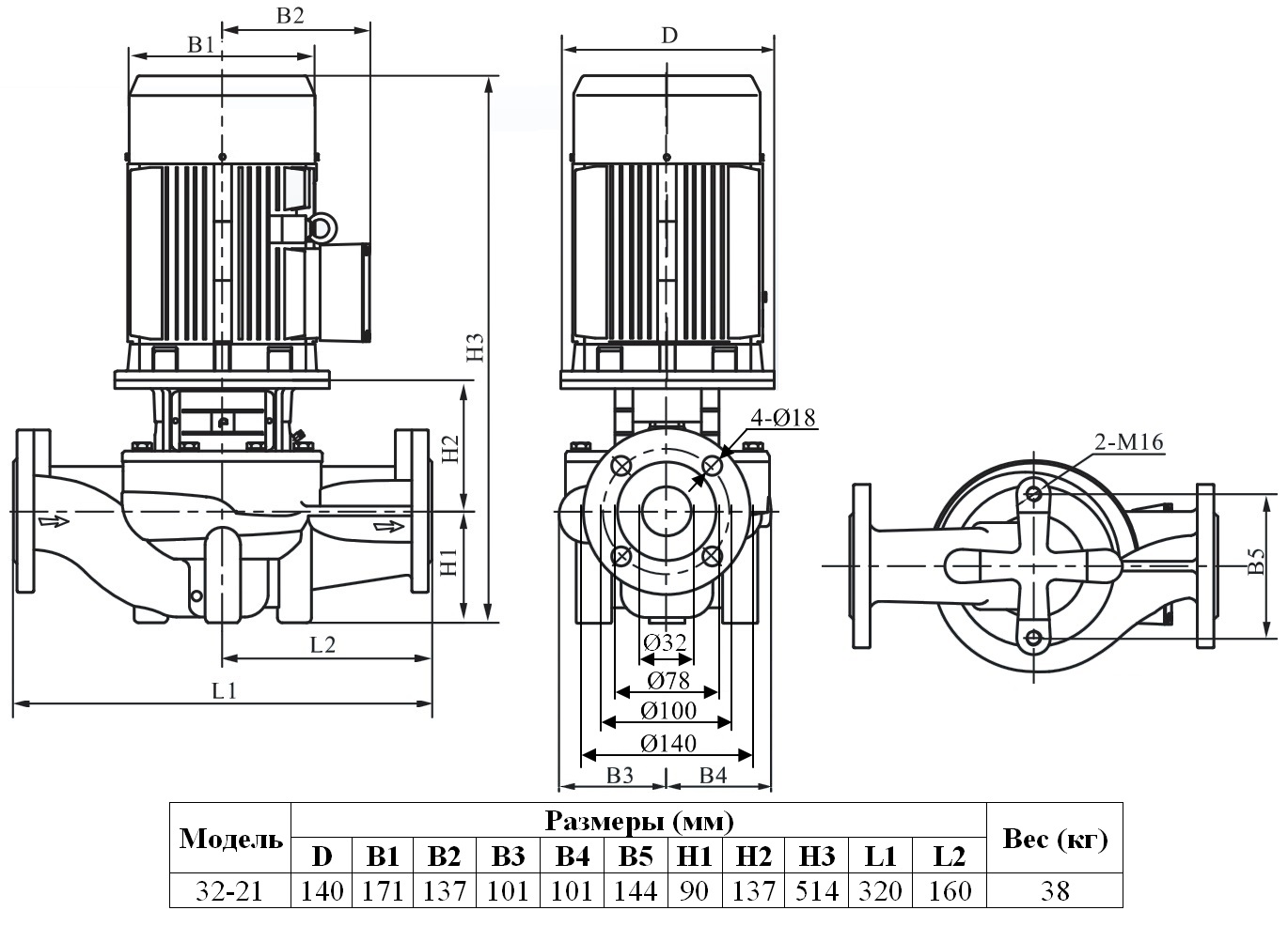 Габаритный чертеж модели Zenova INL 32-21/2