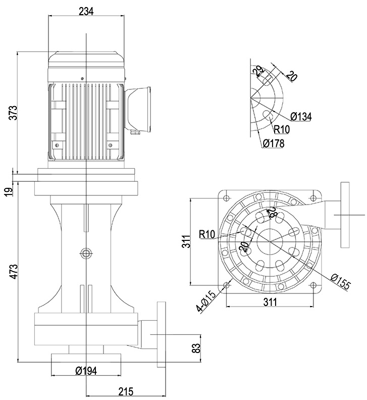 Габаритный чертеж насоса Vetlan 80NHCW-10