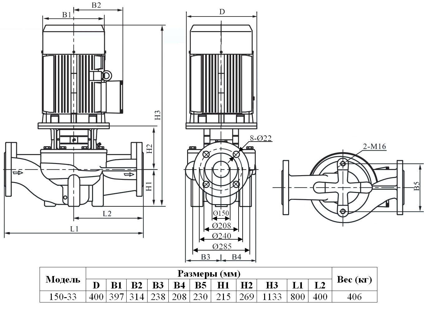 Габаритный чертеж модели Zenova INL 150-33/4