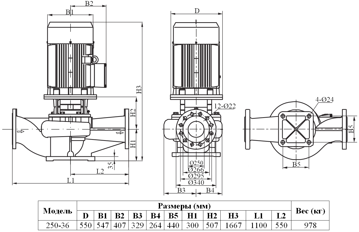 Габаритный чертеж модели Zenova INL 250-36/4
