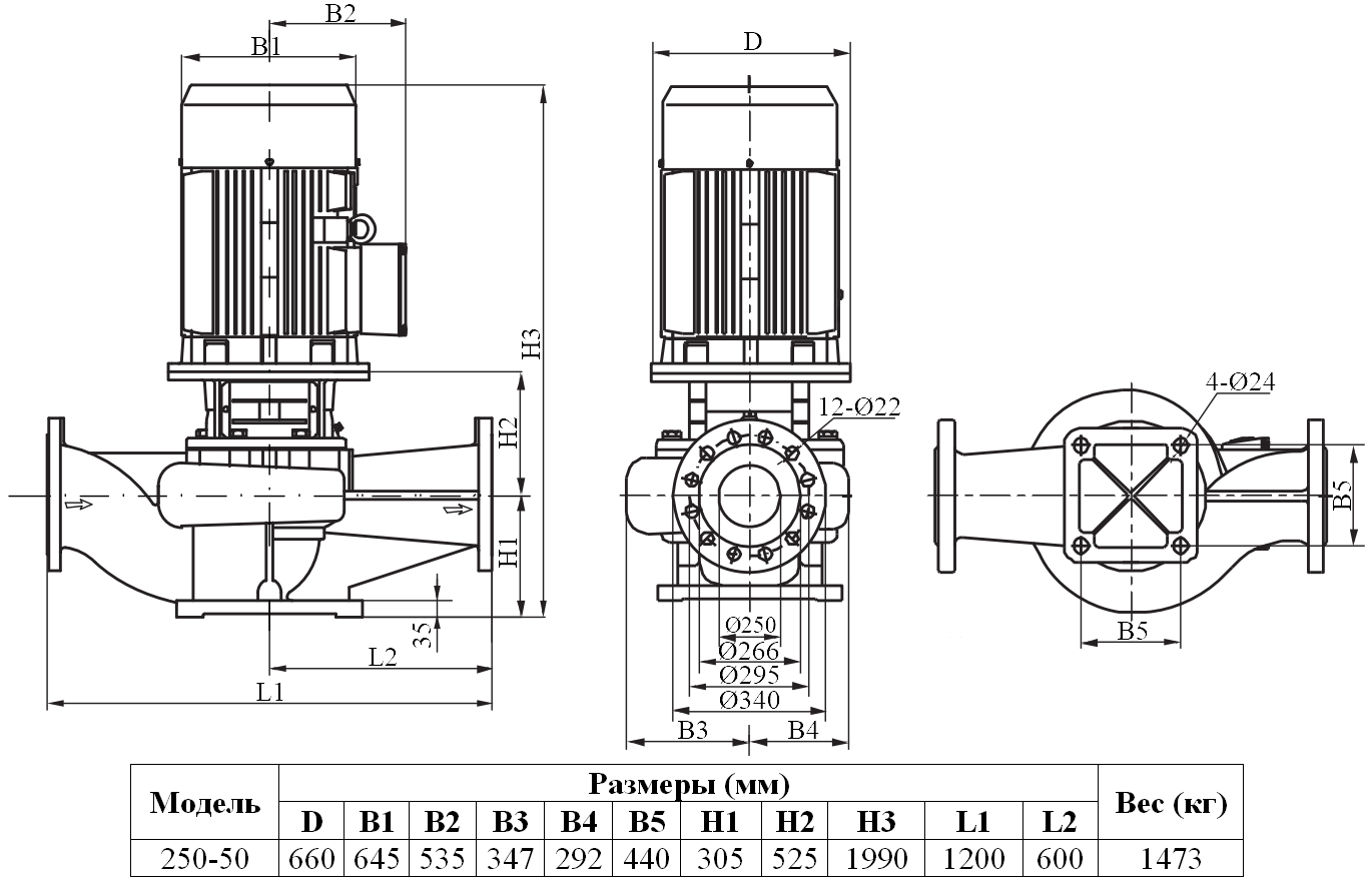 Габаритный чертеж модели Zenova INL 250-50/4