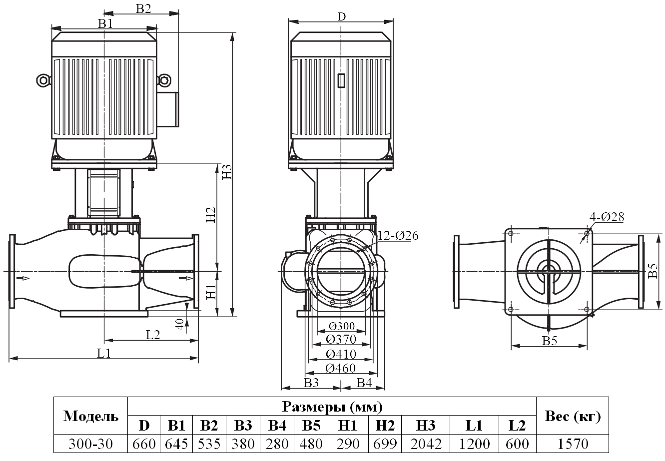 Габаритный чертеж модели Zenova INL 300-30/4