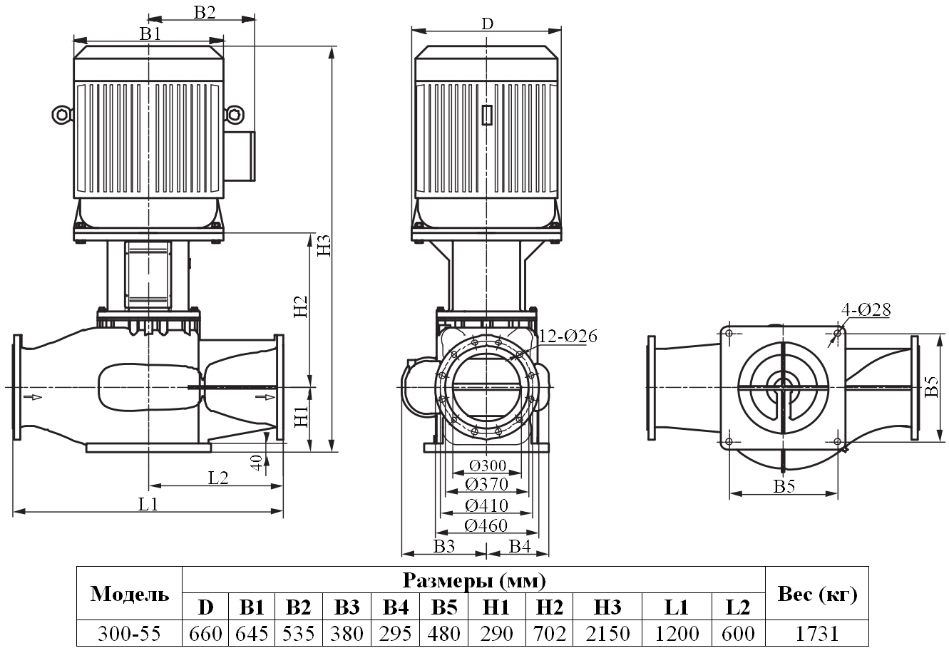 Габаритный чертеж модели Zenova INL 300-55/4