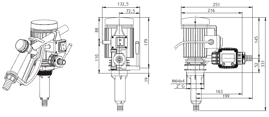 Габаритный чертеж насоса Piusi Pico 230 K24 M