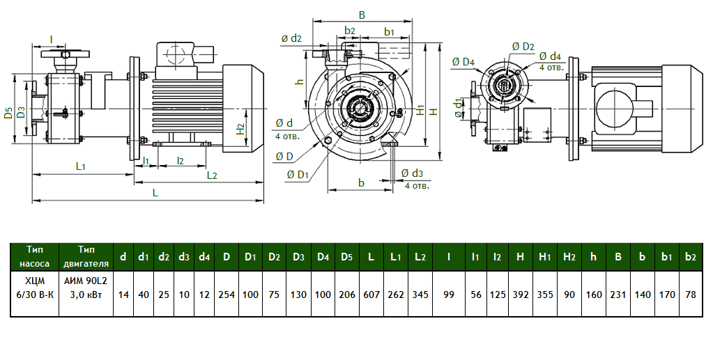 Габаритный чертеж насоса Кристалл ХЦМ 6/30ВК