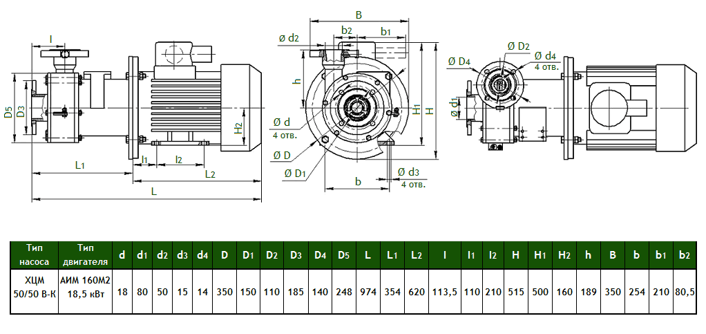 Габаритный чертеж насоса Кристалл ХЦМ 50/50ВК