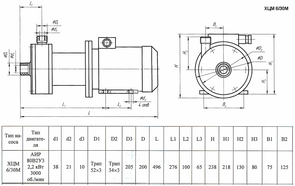 Габаритный чертеж насоса Кристалл ХЦМ 6/30М