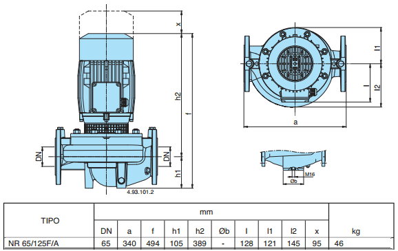 Габаритный чертеж насоса Calpeda NR 65/125F/A