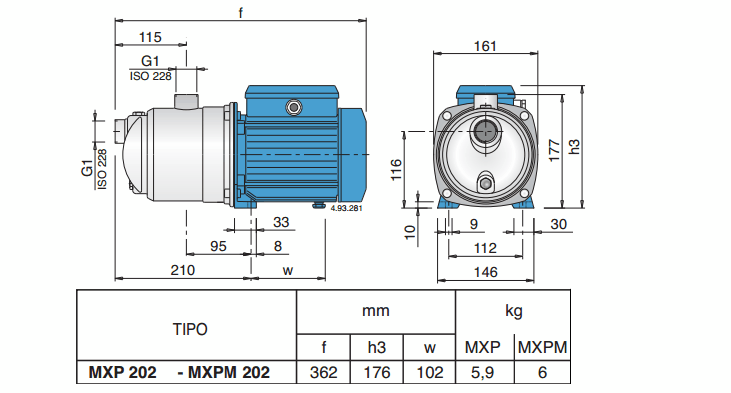 Габаритный чертеж насоса Calpeda MXPM 202