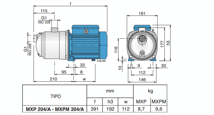 Габаритный чертеж насоса Calpeda MXPM 204/A