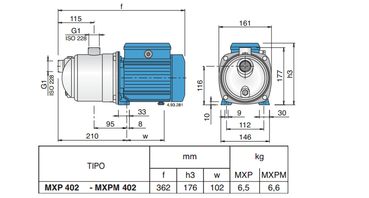 Габаритный чертеж насоса Calpeda MXPM 402
