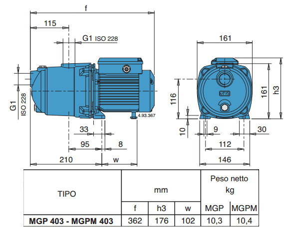 Габаритный чертеж насоса Calpeda MGPM 403