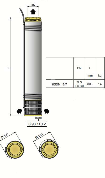 Габаритный чертеж насоса Calpeda 6SDN 16/7
